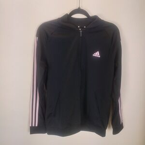 Adidas Track Jacket Women's Large Black Pink Stripes Pockets Athleisure Sporty